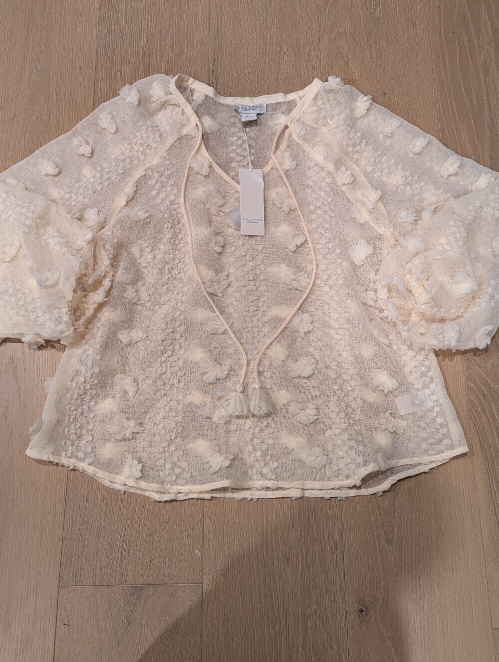 Sheer Ivory Pom-Pom Tie-Neck Blouse